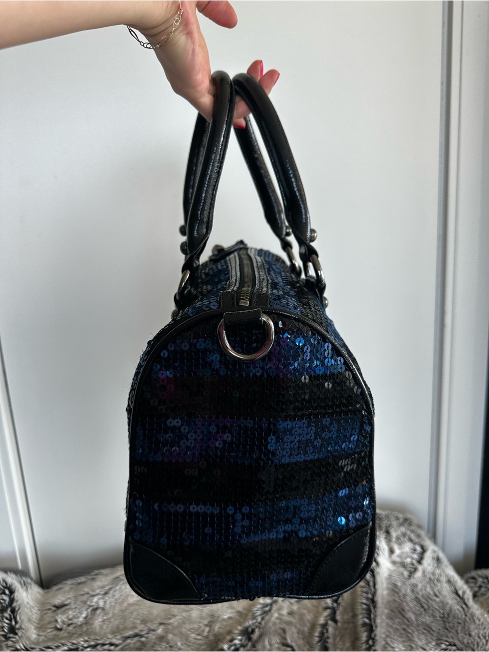 Betsey Johnson, Sequined Black & Blue Satchel Handbag - Picture 6 of 7